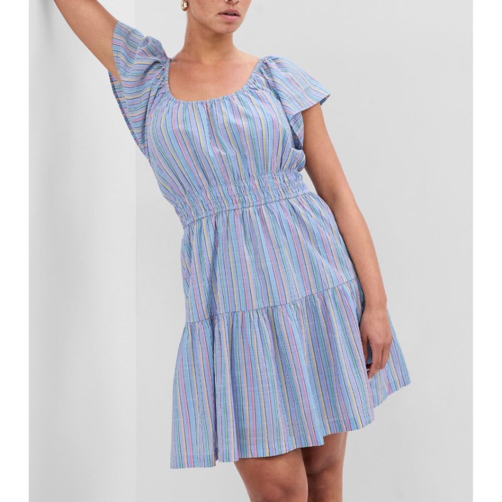 NWT GAP Women's Blue Stripe Fluttered Sleeve Tiered/Smocked Mini Dress Sz Large - Picture 3 of 7